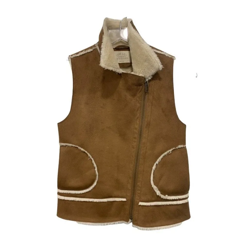 Zara Girls Size 9 / 10 140 cm Faux‎ Suede Shearling Vest Tan Zip Closure